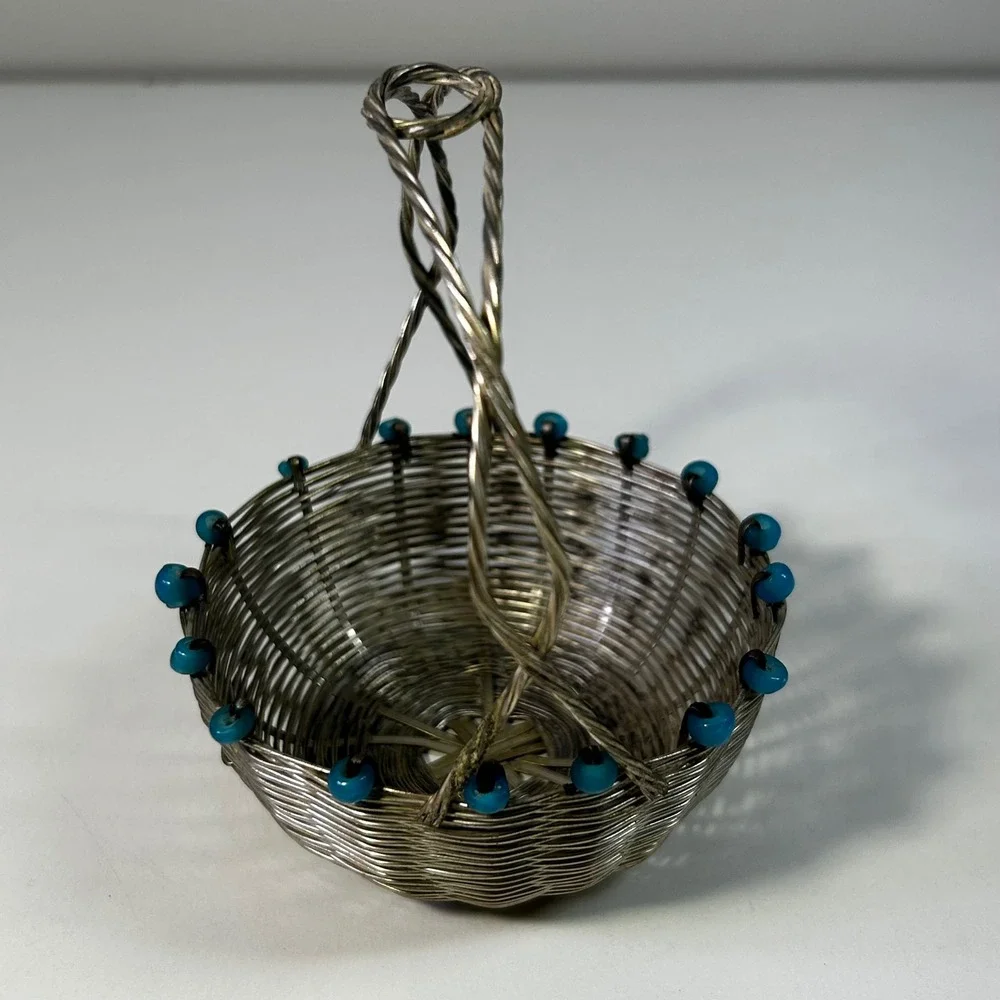 Vintage Silver Wire Woven Miniature Basket with Turquoise Blue Glass Beads 3in